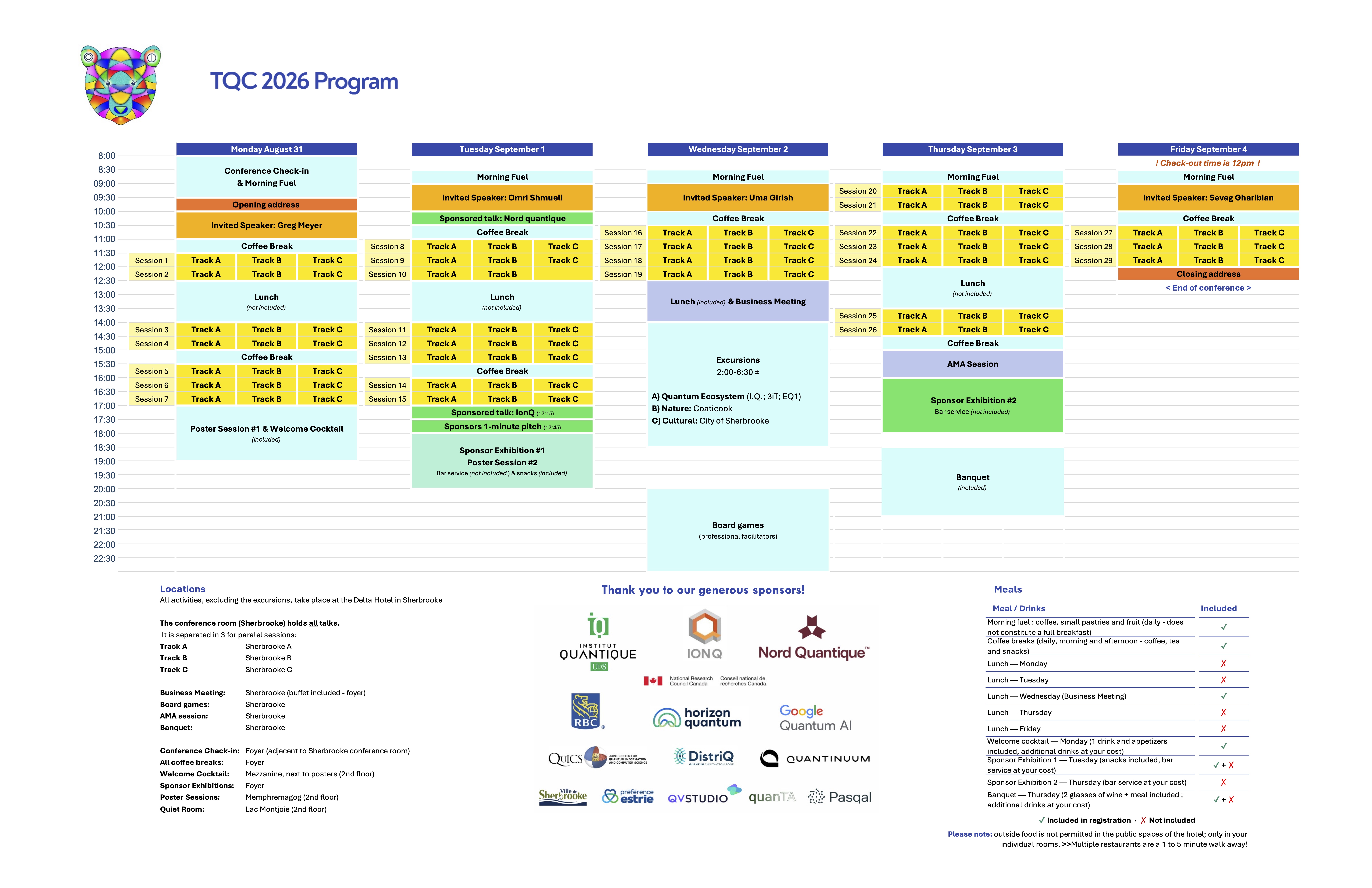 TQC 2026 program overview, Monday 31 August to Friday 4 September, showing each day's sessions, invited speakers, breaks and social events, together with the locations and the meals included in the registration