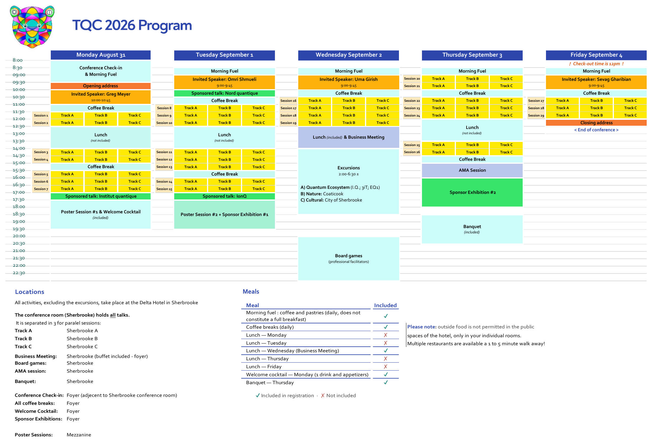 TQC 2026 program overview, Monday 31 August to Friday 4 September, showing each day's sessions, invited speakers, breaks and social events, together with the locations and the meals included in the registration